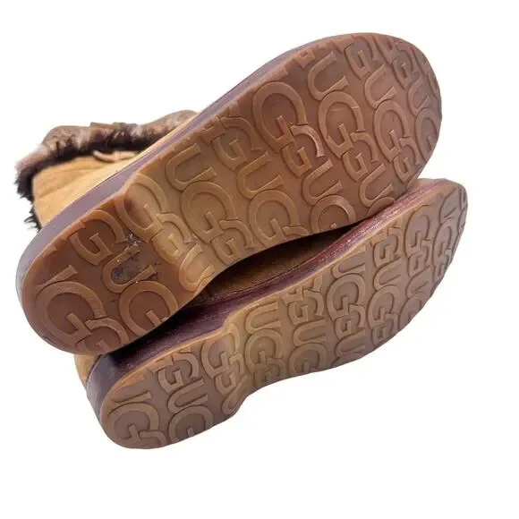 UGG 'Kiera' WOMEN's Tan Suede Shearling Lined Fringe Boho Knee-High Boots SIZE 8 - Picture 6 of 14